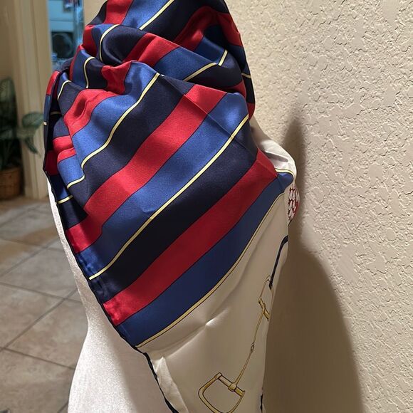 Celine Square Scarf 34x34 Equestrian Derby Print Cream Blue Red 100% Silk Rolled - Picture 3 of 11
